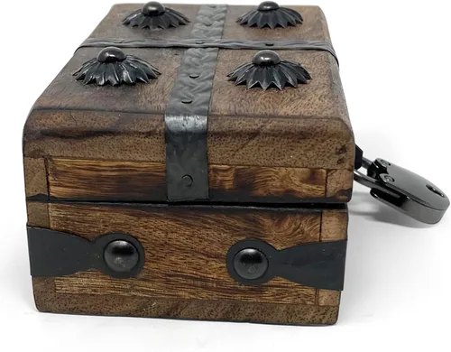 Miniatura 2 de Nautical Cove - Cofre del tesoro de madera con cerradura de hierro antigua y llave de esqueleto (XS, 5 x 3 x 2) - Almacenamiento y decoración