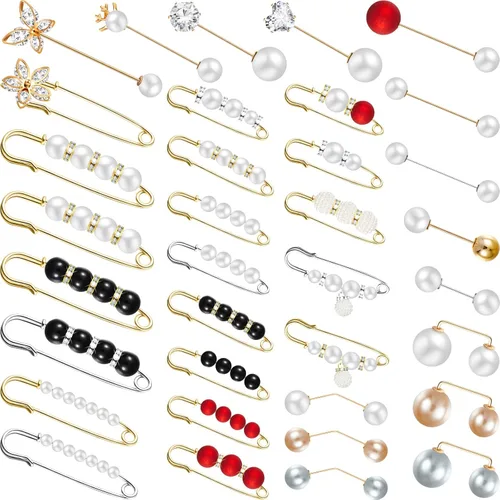 35 piezas de broche para mujer, suéter, chal, cárdigan, collar, sombrero, clip, escote, retro, perla, cristal, vestido de camisa, clip de camisa