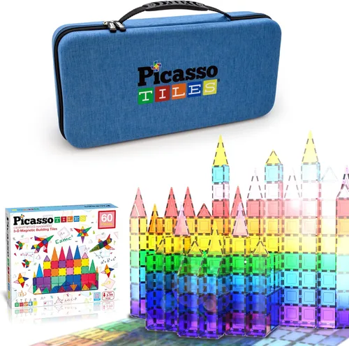 PicassoTiles Paquete de 60 azulejos magnéticos + estuche de transporte: juego educativo STEAM para niños, incluye organizador de almacenamiento de