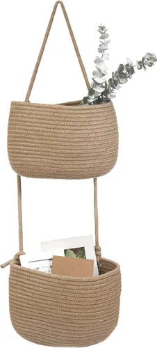 Cesta colgante sobre la puerta, cesta de pared tejida de cuerda de algodón de 2 niveles, organizador colgante para revistas, cestas de Yute