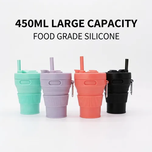 Miniatura 5 de Taza de café de silicona plegable para camping, viajes, con pajita, reutilizable, portátil, para senderismo, al aire libre, 15.2 fl oz