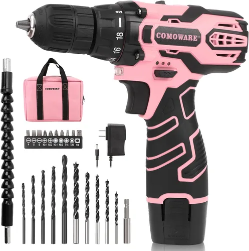 COMOWARE - Juego de taladro inalámbrico rosa para mujeres, taladro eléctrico ligero de 12 V con portabrocas sin llave de 3/8 pulgadas, batería de