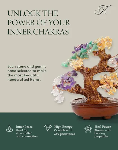 Miniatura 5 de KALIFANO Amatista natural (360 piedras preciosas) Árbol de cristal de chakras – Bonsái Feng Shui árbol de dinero para energía positiva, suerte