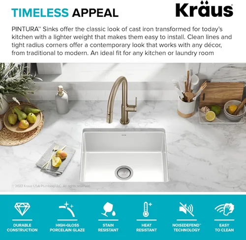 Miniatura 3 de Kraus Pintura Fregadero de cocina de acero con esmalte porcelánico de 21 pulgadas, montura por debajo, cuenco simple, en blanco, KE1US21GWH