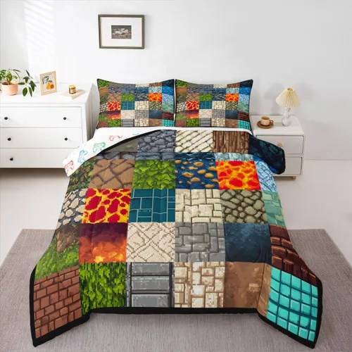 Miniatura 41 de Pixelated Miners - Juego de edredón para niños, tamaño individual, juego de ropa de cama de videojuegos a cuadros geométricos para adolescentes