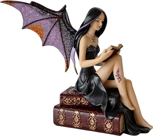 Comfy Hour Figura de hadas de lectura de 9 pulgadas, estatua de bruja oscura gótica sentada en libros vintage, espíritu mítico de fantasía
