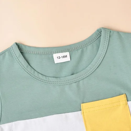 Miniatura 50 de Ropa para bebé niño pequeño, trajes de verano de manga corta, camiseta de retazos y pantalón con bolsillo, conjunto de 2 piezas, 12 meses a 4 años