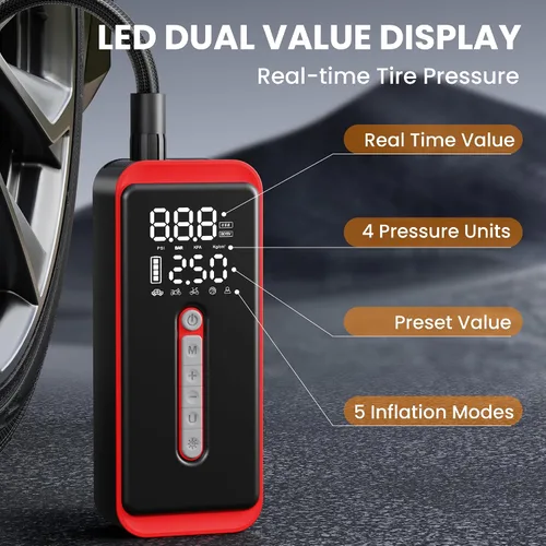 Miniatura 6 de ROTOPATA Inflador de neumáticos inalámbrico para neumáticos de automóvil, compresor de aire portátil de 150 PSI con batería de 7500 mAh, medidor