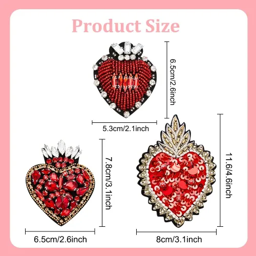 Miniatura 2 de INFUNLY 3 piezas de parches de cuentas de diamantes de imitación de corazón de cristal rojo, parches decorativos hechos a mano con apliques