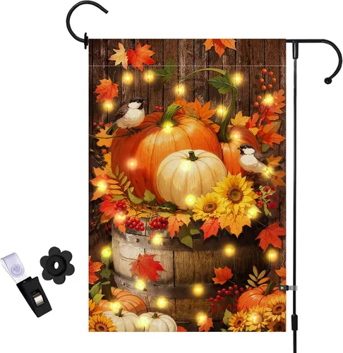Miniatura 8 de Bandera de jardín para campamento con luces LED, 12 x 18 pulgadas, arpillera vertical de doble cara para campamento, hoguera, banderas de jardín