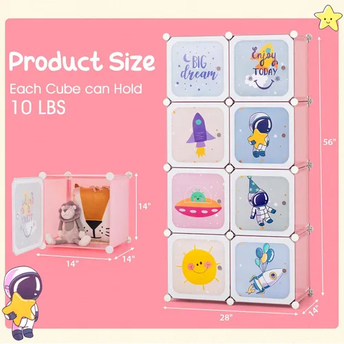 Miniatura 3 de INFANS Armario para niños, armario portátil para bebé, lindo para dormitorio de niños, armario de guardería con puertas, 12 cubos, 2 secciones