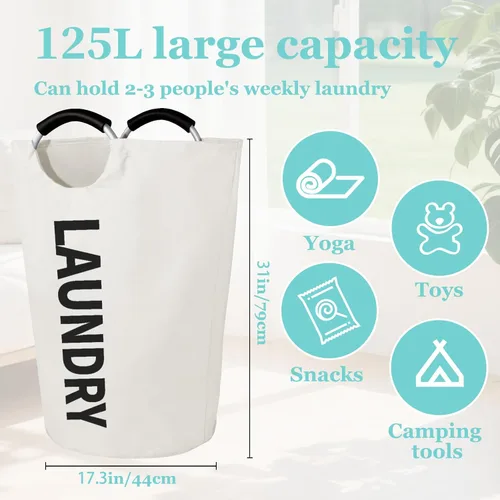 Miniatura 3 de WOOHA Cesta de lavandería grande de 115 litros, cesta plegable para ropa, cestas altas de tela plegables para dormitorio, armario, baño