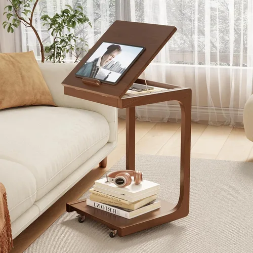 Miniatura 13 de AQIMUELE Mesa auxiliar de madera en forma de C, escritorio de sofá con 2 ruedas con cerradura, mesa de sofá de 4 niveles con bolsa de Natural