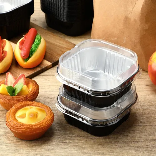 Miniatura 5 de Aoriher 300 piezas de moldes mini para pasteles de 10 onzas con tapas, moldes de papel de aluminio para hornear, moldes cuadrados desechables
