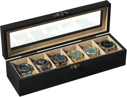 SRIWATANA Caja de reloj organizadora de 6 ranuras para hombres y mujeres, exhibición de madera con tapa de vidrio, regalos para seres queridos,