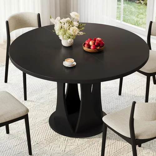 Miniatura 12 de iPormis Mesa de comedor extensible de 43 a 59 pulgadas, mesa de cocina redonda con pedestal de arcos modernos, mesa de comedor ovalada con hojas