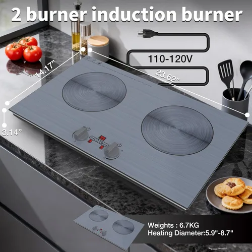 Miniatura 6 de GIHETKUT 2 burner Induction cooktop,110V 4000W induction hot plate with Brushed Panel,Knob Control,9 Power Levels, Kids Lock & Timer,LED touch