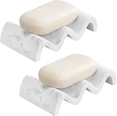 Miniatura 8 de Luxspire Jabonera, Jabonera de Mármol, Bandeja Autodrenante, Soporte de Jabón para Ducha, Baño, Fregadero, Cocina y Encimera, Blanco Grava