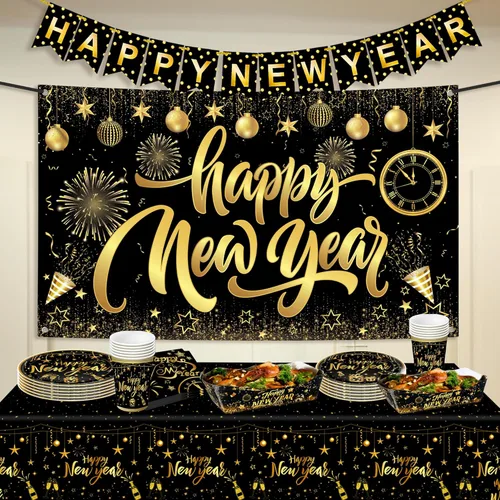 KatchOn, Juego enorme de decoraciones de mesa de Año Nuevo, paquete de 117 | Suministros de fiesta de Feliz Año Nuevo 2026 | Cartel de Feliz Año