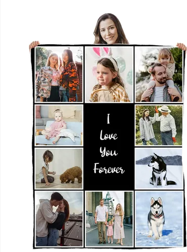 Miniatura 10 de Manta de collage de fotos personalizada, manta de franela suave, regalos para seres queridos 4 Fotos con texto