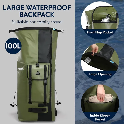 Miniatura 5 de Haimont Mochila enrollable 100% impermeable de gran capacidad IPX7, bolsa seca con bolsillos y válvula de aire, kayak, campamento, 60/100L