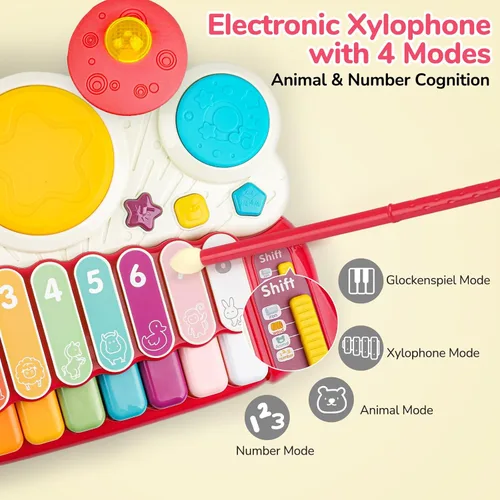 Miniatura 6 de AugToy 3 en 1 juguetes musicales para niños pequeños de 1 a 3 años, juego de piano, xilófono y tambor, juguetes para niñas de 1, 2 y 3 años de edad