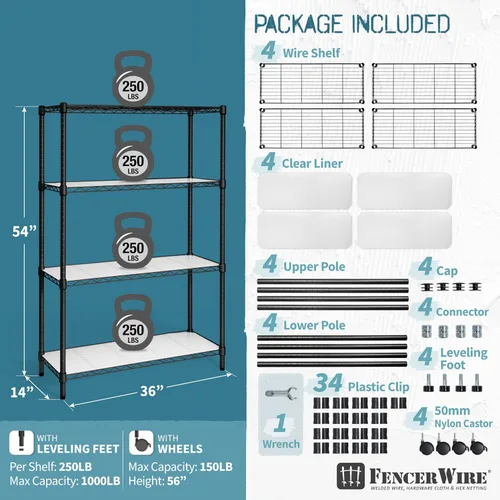 Miniatura 3 de Fencer Wire NSF Estantería de alambre de altura ajustable con forro y ruedas, estantería de almacenamiento de sótano rodante, estantería