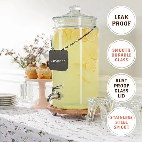 Miniatura 5 de Dispensador de bebidas de vidrio de 2 galones con boquilla para fiestas, soporte hermético alto y hermético para servir bebidas estilo masón