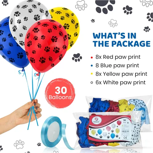 Miniatura 2 de Paw Print Patrol - Globos de fiesta de 12 pulgadas, juego de 30 piezas de cumpleaños en varios colores azul, rojo, amarillo y blanco. Globos de Azul