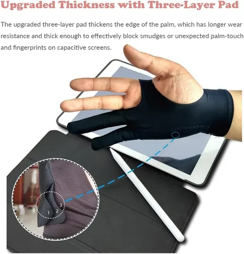 Miniatura 3 de Guante de dibujo, guante de arte digital de rechazo de palma de 3 capas para tableta gráfica, guantes de artista con dos dedos para iPad, bocetos