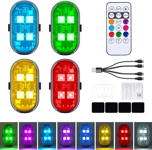 4 luces LED inalámbricas con control remoto, 4 LED mejorados, 8 colores, luz estroboscópica de advertencia anticolisión interior para automóvil,