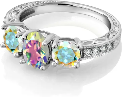 Miniatura 50 de Gem Stone King Anillo de compromiso de 3 piedras preciosas de oro blanco de 10 quilates con piedra natal y diamantes cultivados en laboratorio