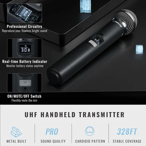 Miniatura 2 de Phenyx Pro Micrófono inalámbrico profesional, micrófono dinámico UHF, micrófono inalámbrico de metal, micrófono de mano