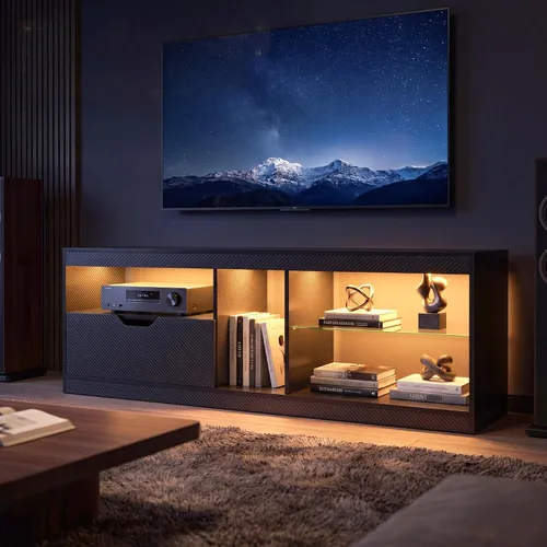 Miniatura 6 de JUMMICO Soporte de TV, centro de entretenimiento LED, soporte de TV para juegos para TV de más de 65 pulgadas, parte superior de fibra de carbono