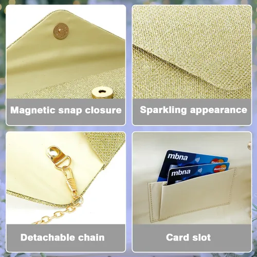 Miniatura 5 de Bolsos de mano para mujer, Bolso de sobre de noche con cadena desmontable, elegancia brillante Dorado