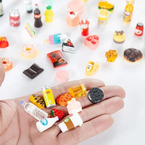 Miniatura 8 de 50 piezas de botellas en miniatura de comida y bebida, latas de refresco, accesorios de juego de cocina de simulación, juguetes de Hamburgo, pastel