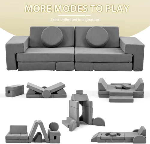 Miniatura 4 de Karl home Sofá infantil de 14 piezas, sofá modular para niños, sofá multifuncional de espuma para niños, escalada y relajación, sofá convertible gris
