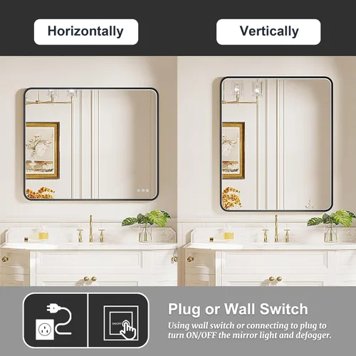 Miniatura 7 de Espejo de baño LED de 24x32 pulgadas con luces, espejo LED con marco de metal negro para baño, 3 colores y luz regulable sin escalones montada