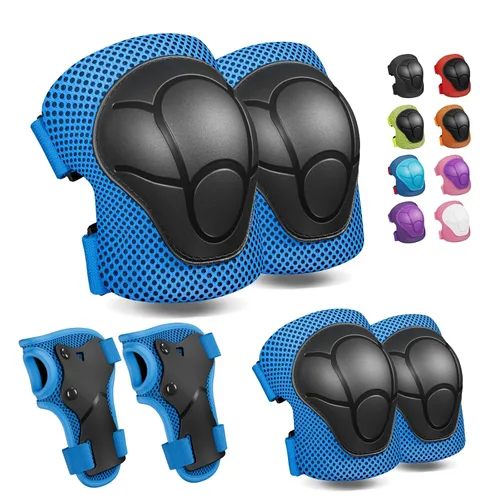 Miniatura 9 de Rodilleras para niños, rodilleras y coderas, conjunto de equipo de protección para niños y niñas con protectores de muñeca 3 en 1 para patinaje, Azul