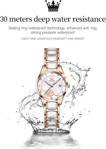 Miniatura 5 de OLEVS Relojes para mujer, oro rosa, de dos tonos, de moda, de cerámica, blanco, esfera rosa, roja, acero inoxidable, fecha impermeable