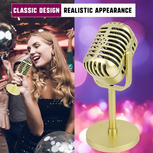 Miniatura 4 de Paquete de 6 micrófonos de estilo retro, modelo de micrófono falso dorado con soporte clásico vintage de plástico para Halloween, juego de rol, hip