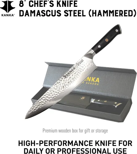 Miniatura 3 de KANKA Cuchillo de chef de acero Damasco de 8 pulgadas - 67 capas de acero profesional, núcleo de 10Cr, borde afilado 62 HRC, mango ergonómico