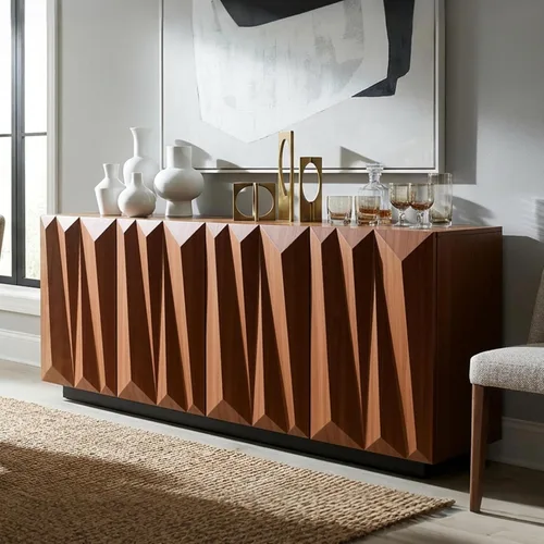 Miniatura 5 de Aparador geométrico contemporáneo de 60 pulgadas con puertas triangulares 3D y base flotante, gabinete de almacenamiento de credenza de nogal claro