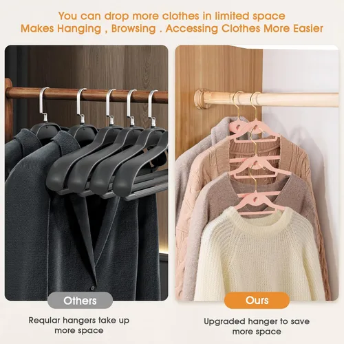 Miniatura 5 de Perchas de terciopelo resistentes para ropa, paquete de 20 unidades, color rosa claro, delgadas, apilables, antideslizantes, con gancho dorado