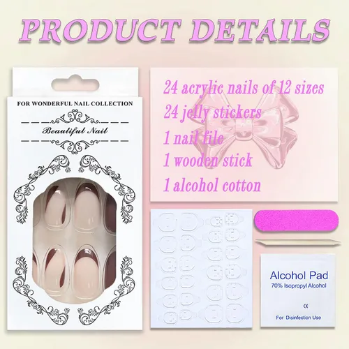Miniatura 3 de Uñas postizas cortas a presión, uñas postizas de otoño con punta francesa, color marrón, cobertura completa, con diseños de remolinos marrones, uñas
