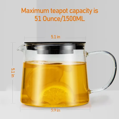 Miniatura 5 de Tetera de vidrio de 51 oz/50.7 fl oz con infusor de acero inoxidable extraíble, tetera de vidrio de borosilicato resistente al calor, hervidor de té