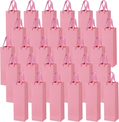 SEUNMUK Paquete de 30 bolsas de regalo para botellas de vino rosa, 13.8 x 4.3 x 3.5 pulgadas, papel fuerte grueso de 250 GSM con asas para fiestas,