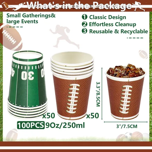 Miniatura 2 de 100 piezas de decoración de fútbol – vasos de papel de 9 onzas para fiestas deportivas, día de juego de fanáticos, suministros temáticos de fiesta