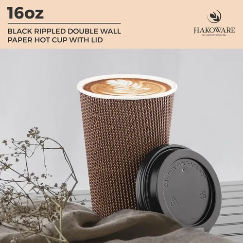 Miniatura 3 de Paquete de 85 tazas de café desechables de 16 onzas, vasos de papel de doble pared con tapas, diseño geométrico marrón, tazas de papel calientes