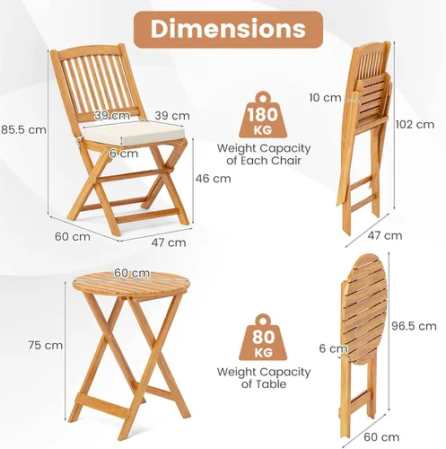 Miniatura 3 de Giantex Juego de 3 piezas de mesa plegable de madera, 2 sillas acolchadas para jardín, muebles de exterior mesa redonda (natural y beige)